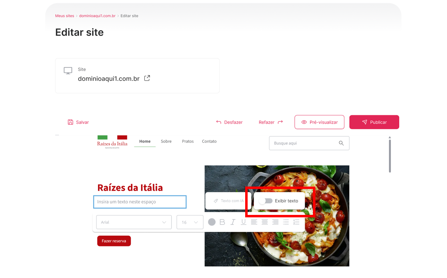 [Alt text: Imagem da barra de ferramentas que aparece logo abaixo do campo selecionado. No lado direito da barra, o botão de exibir texto está em destaque.